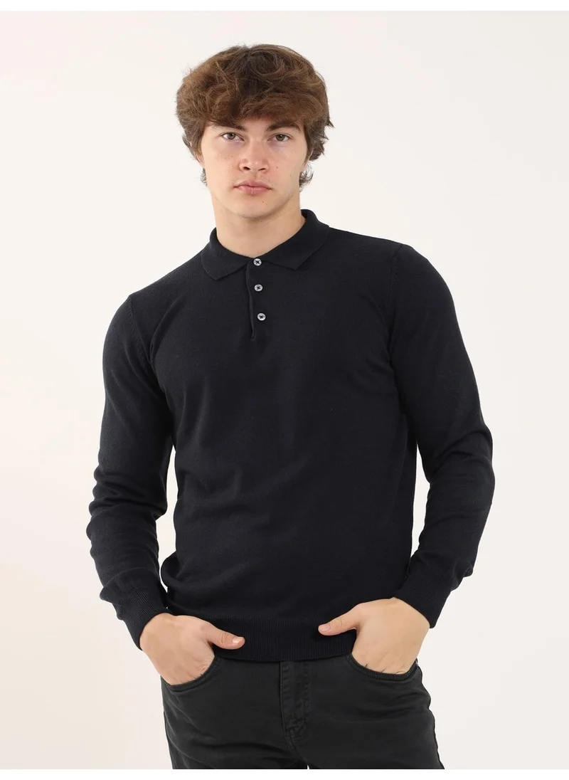 Dufy Navy Blue Men's Slim Fit Polo Neck Knitwear - 91142