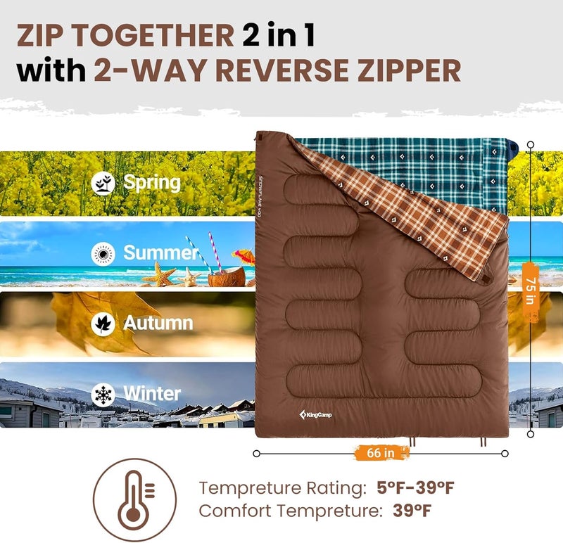 KingCamp كيس نوم كينغ كامب للبالغين، للطقس البارد والدافئ XL كبير وطويل مع حقيبة ضغط، معدات أساسية محمولة مقاومة للماء لرحلات التخييم في الهواء الطلق - Image 4