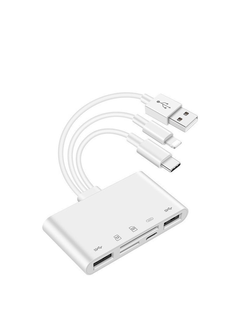 5-in-1 SD Card Reader – Lightning, USB-C & USB-A Multiport Adapter for iPhone, iPad, Android, Laptop – Dual Card Slots, OTG Plug & Play, Charging Port, Boxed