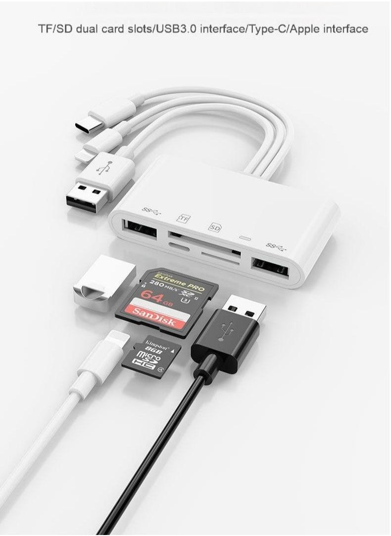 5-in-1 SD Card Reader – Lightning, USB-C & USB-A Multiport Adapter for iPhone, iPad, Android, Laptop – Dual Card Slots, OTG Plug & Play, Charging Port, Boxed