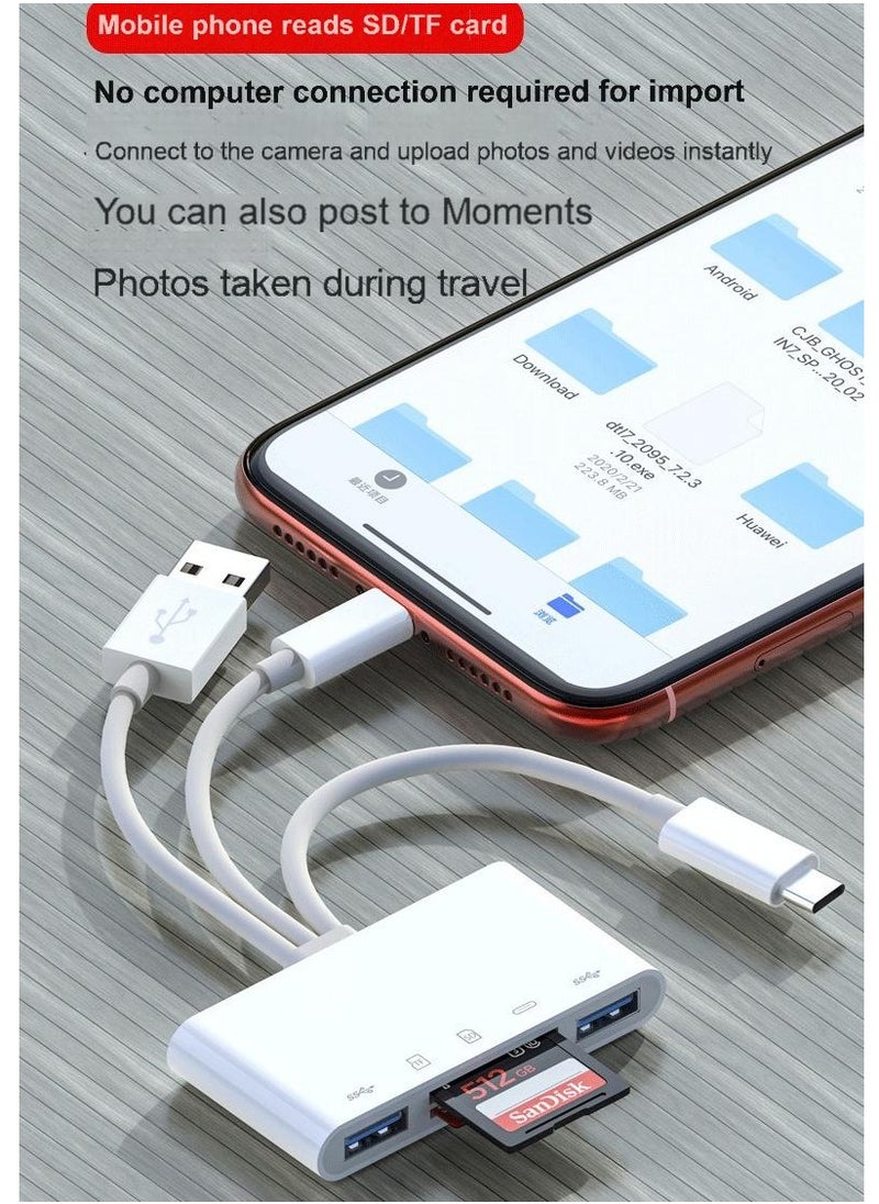 5-in-1 SD Card Reader – Lightning, USB-C & USB-A Multiport Adapter for iPhone, iPad, Android, Laptop – Dual Card Slots, OTG Plug & Play, Charging Port, Boxed