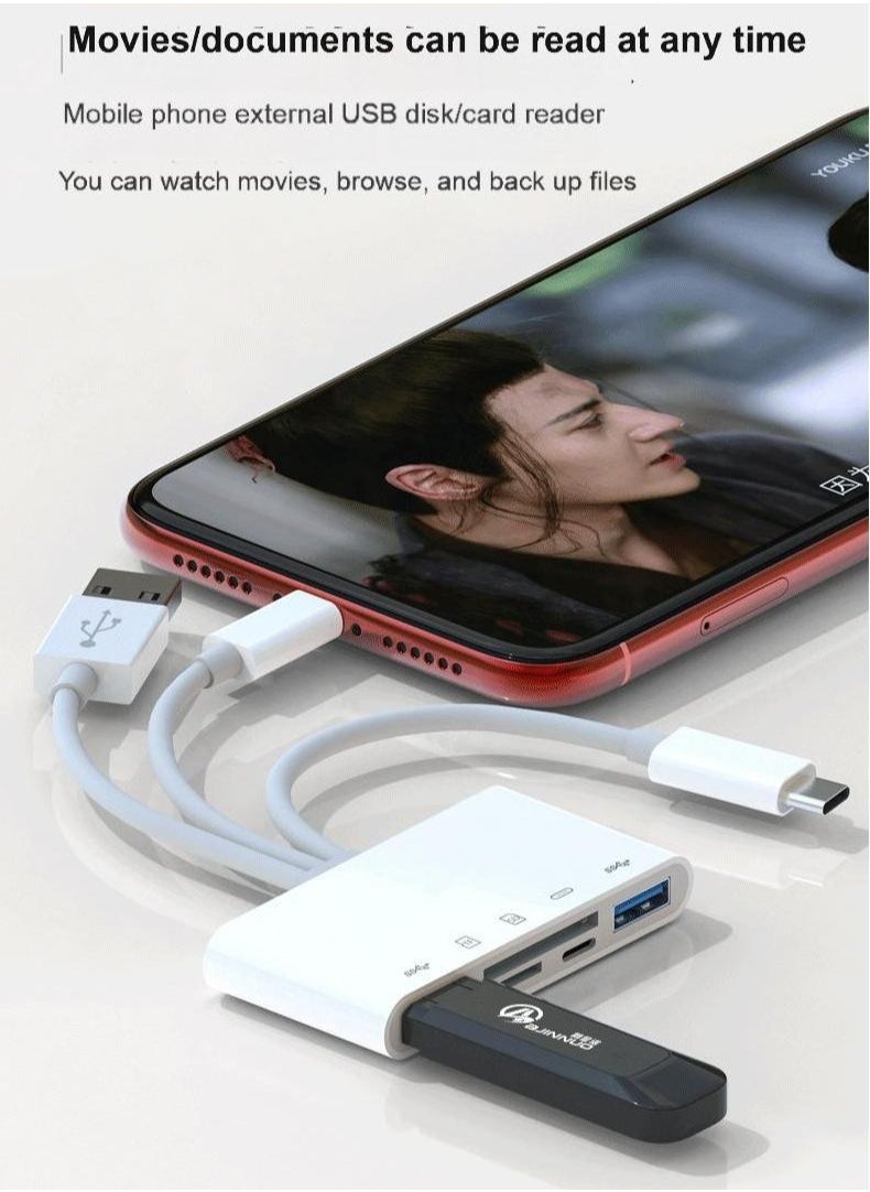 5-in-1 SD Card Reader – Lightning, USB-C & USB-A Multiport Adapter for iPhone, iPad, Android, Laptop – Dual Card Slots, OTG Plug & Play, Charging Port, Boxed