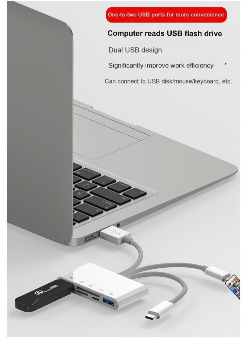 5-in-1 SD Card Reader – Lightning, USB-C & USB-A Multiport Adapter for iPhone, iPad, Android, Laptop – Dual Card Slots, OTG Plug & Play, Charging Port, Boxed