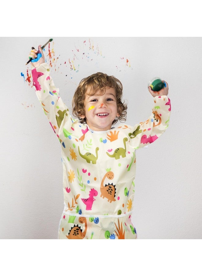 BAHABY Kids Art Smocks Dinosaur Painting Aprons For Children Waterproof Artist Smock With Long Sleeve And 3 Pockets For Age 3-8 Years (Off White) - Image 3