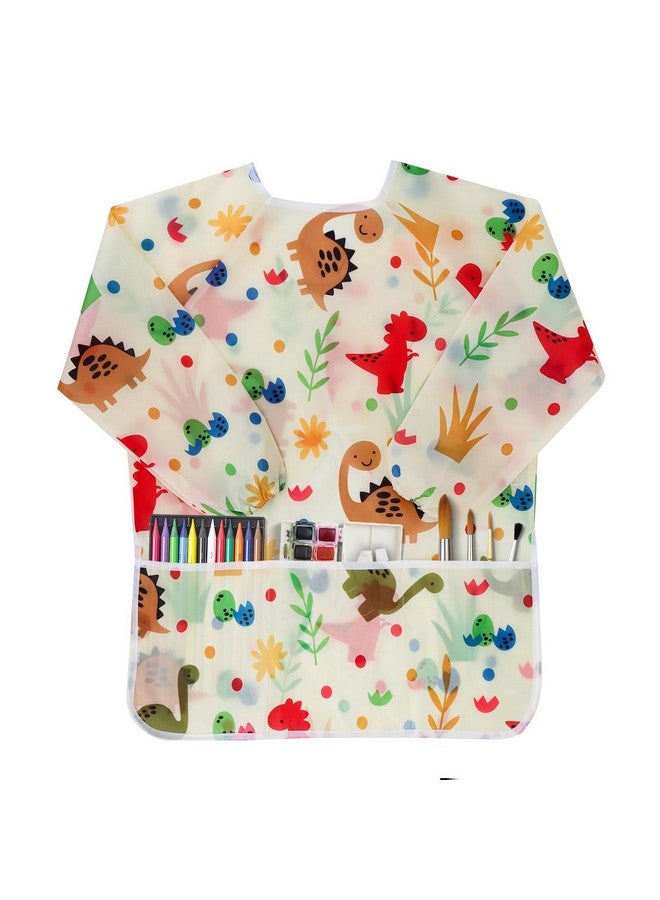 BAHABY Kids Art Smocks Dinosaur Painting Aprons For Children Waterproof Artist Smock With Long Sleeve And 3 Pockets For Age 3-8 Years (Off White) - Image 1