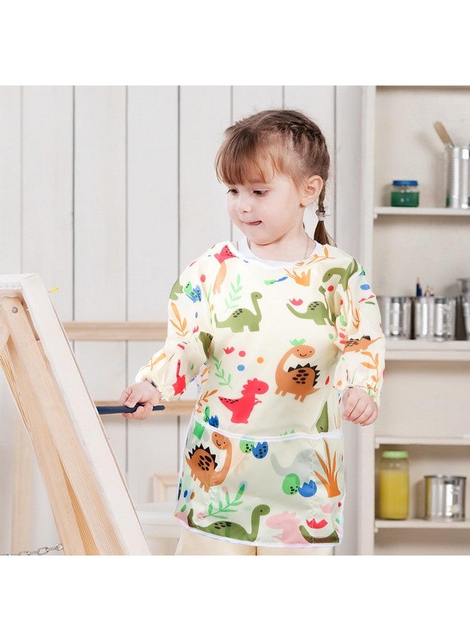 BAHABY Kids Art Smocks Dinosaur Painting Aprons For Children Waterproof Artist Smock With Long Sleeve And 3 Pockets For Age 3-8 Years (Off White) - Image 4