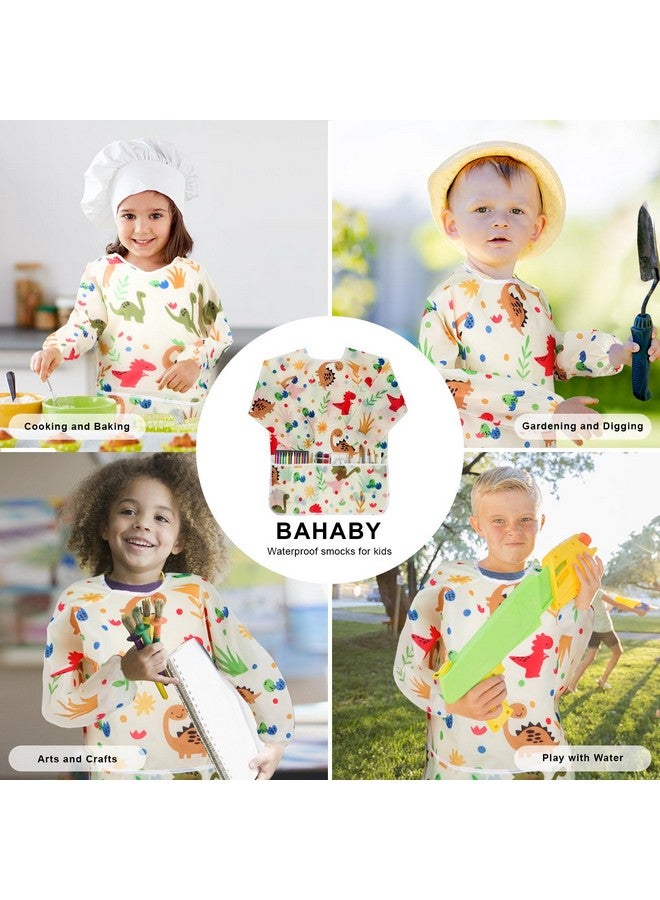 BAHABY Kids Art Smocks Dinosaur Painting Aprons For Children Waterproof Artist Smock With Long Sleeve And 3 Pockets For Age 3-8 Years (Off White) - Image 5