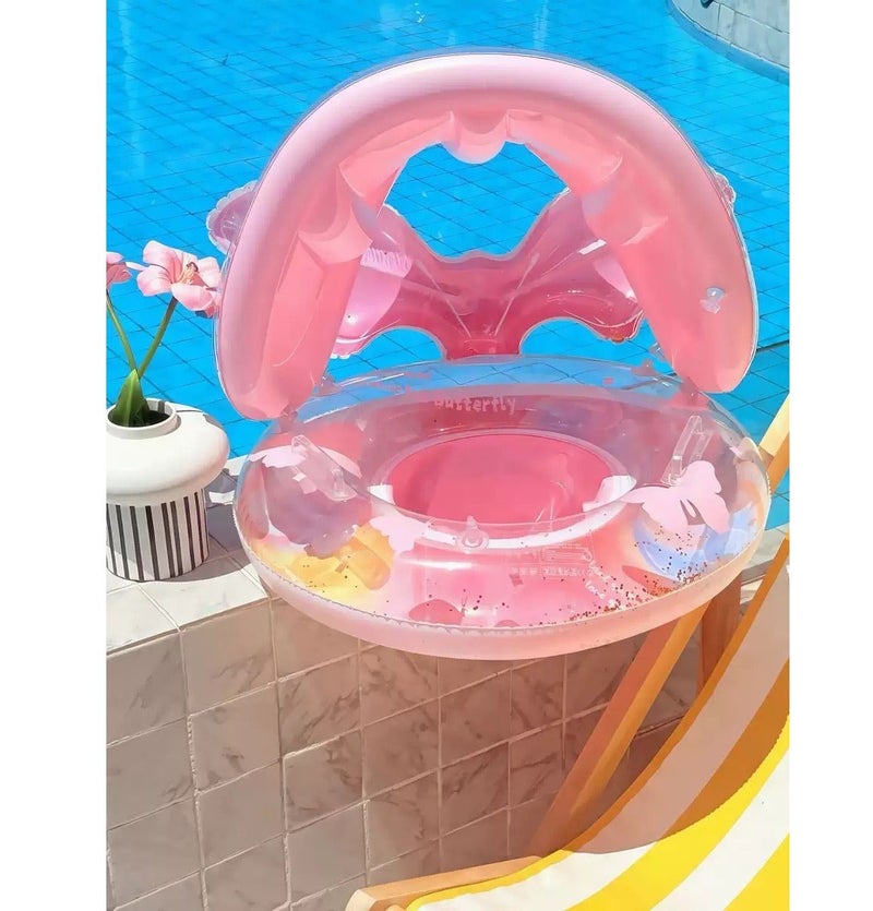 JAYATO Kids Swimming Seat Float with Removable Sun Canopy, Glitter Sequin Baby Swim Ring with Handlebars, Mermaid Pink, for Toddler Girls - Image 1