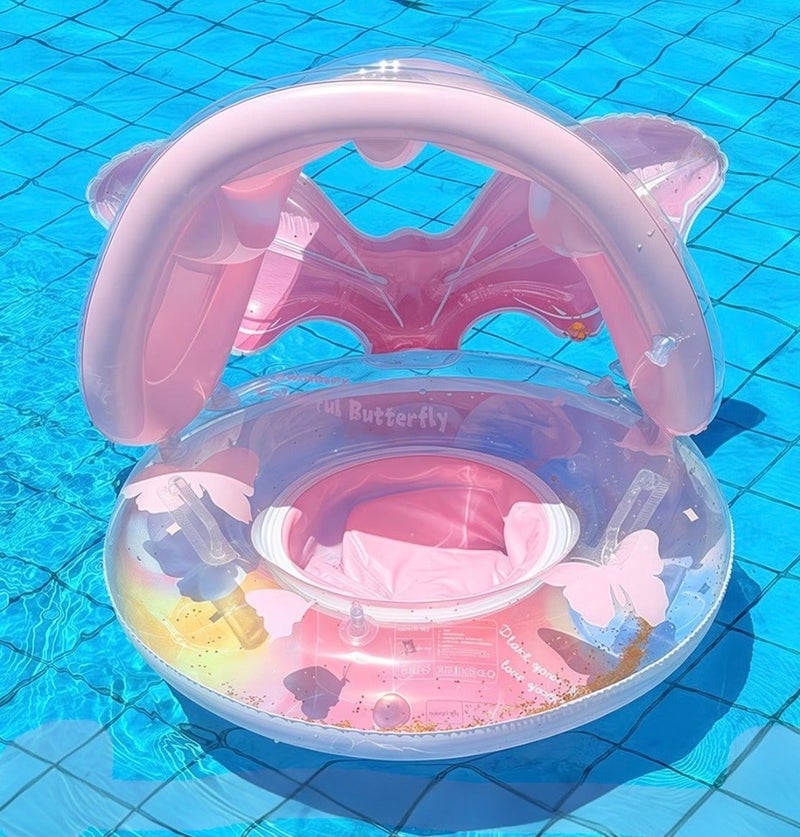 JAYATO Kids Swimming Seat Float with Removable Sun Canopy, Glitter Sequin Baby Swim Ring with Handlebars, Mermaid Pink, for Toddler Girls - Image 3