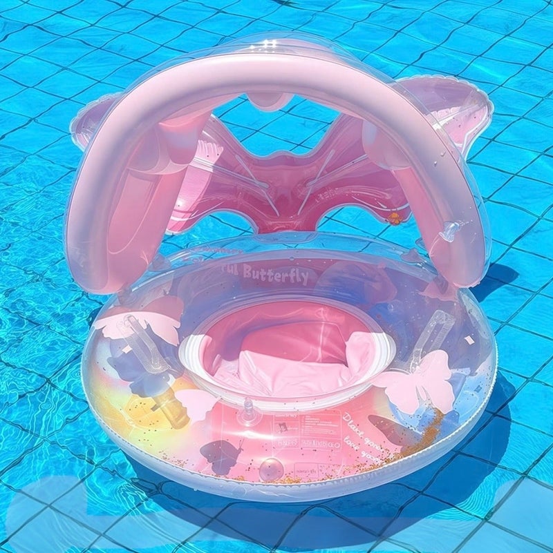 JAYATO Kids Swimming Seat Float with Removable Sun Canopy, Glitter Sequin Baby Swim Ring with Handlebars, Mermaid Pink, for Toddler Girls - Image 2