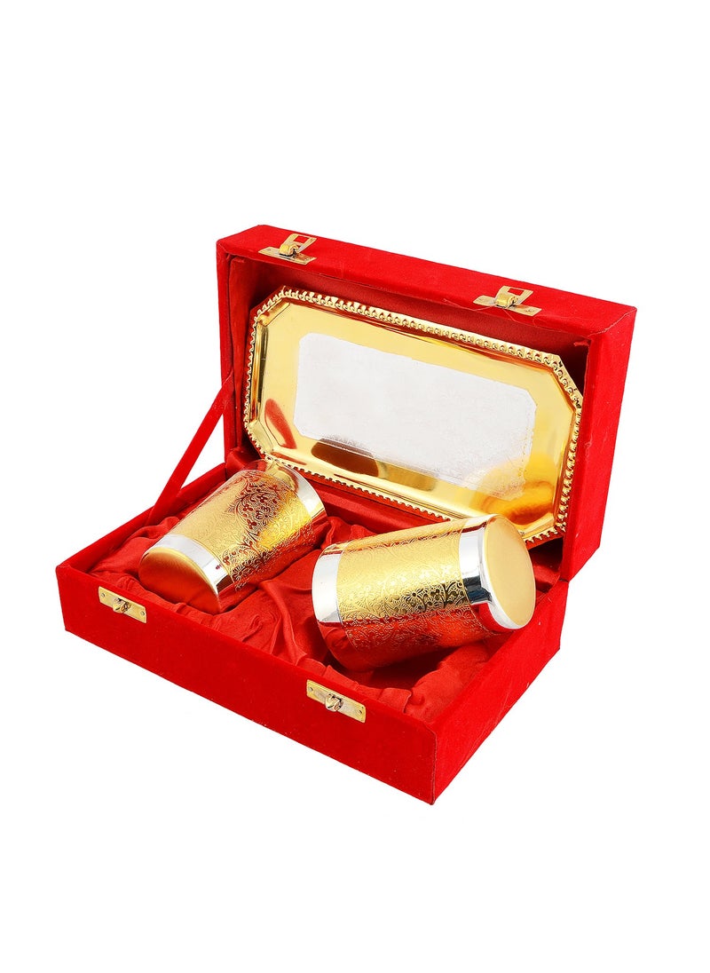 AC ANAND CRAFTS AC ANAND CRAFTS Silver and Gold Plated Brass Glass Set with Plate for Diwali Gift  - Image 1