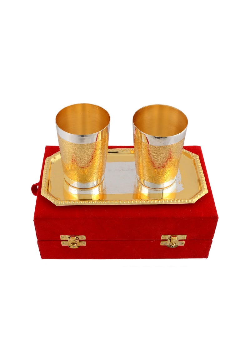 AC ANAND CRAFTS AC ANAND CRAFTS Silver and Gold Plated Brass Glass Set with Plate for Diwali Gift  - Image 2