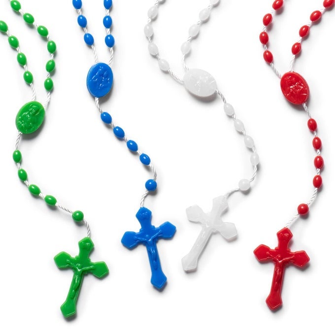 BULK ROSARIES PACK OF 100 17 INCH ASSORTED PLASTIC ROSARY BEADS CATHOLIC 4 COLORS