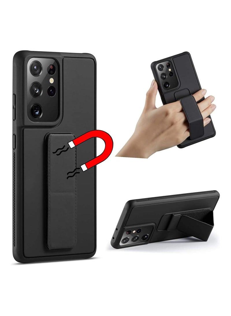 Samsung Galaxy S21 Ultra Case with Magnetic Stand & Holder, Premium Silicone Vertical & Horizontal Hand Strap and Grip and Multi Stand, Car Mount Kickstand Case Finger Strap Cover Black - Image 1
