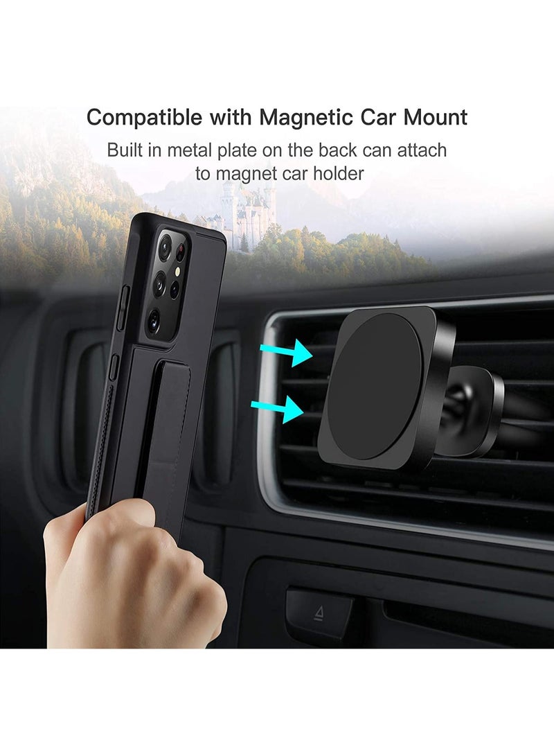 Samsung Galaxy S21 Ultra Case with Magnetic Stand & Holder, Premium Silicone Vertical & Horizontal Hand Strap and Grip and Multi Stand, Car Mount Kickstand Case Finger Strap Cover Black - Image 3