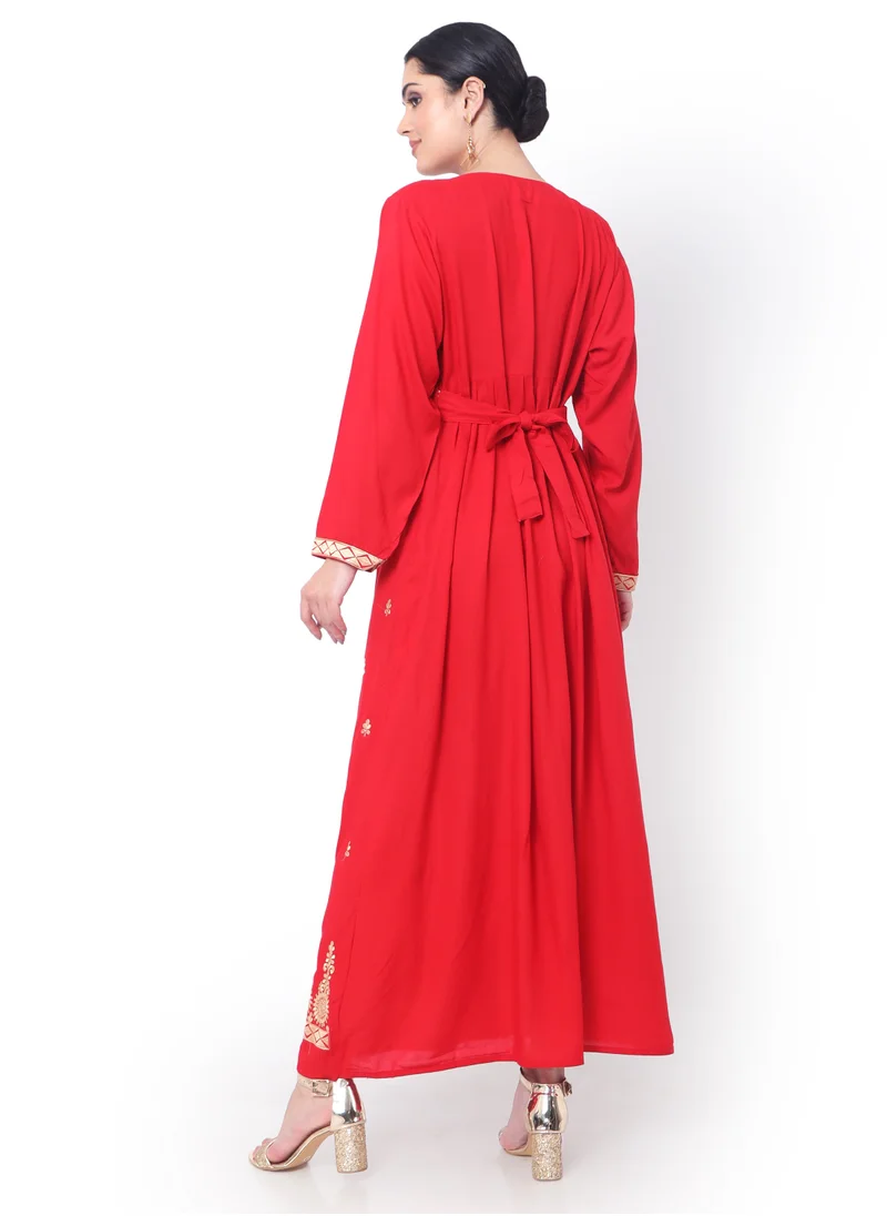 هانا آند سارا MODEST THICK EMBRODERED WITH LONG SLEEVES AND BELT RED HIGH QUALITY STYLISH ARABIC KAFTAN JALABIYA DRESS