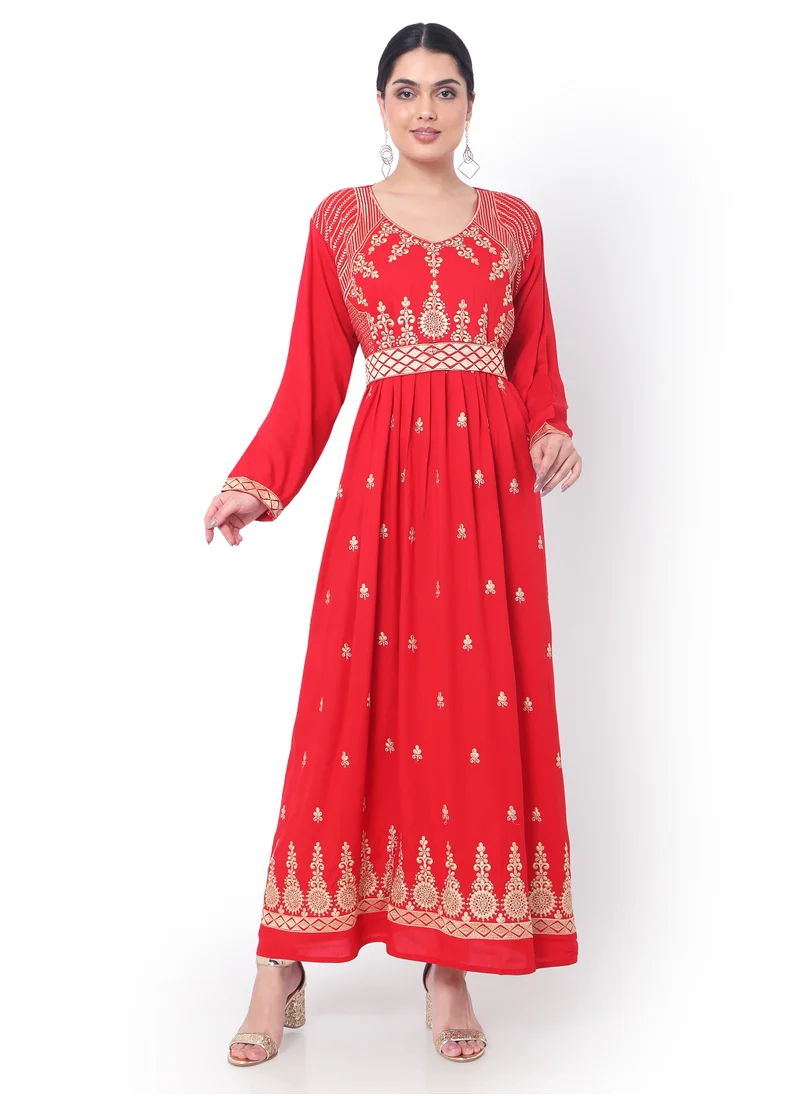هانا آند سارا MODEST THICK EMBRODERED WITH LONG SLEEVES AND BELT RED HIGH QUALITY STYLISH ARABIC KAFTAN JALABIYA DRESS
