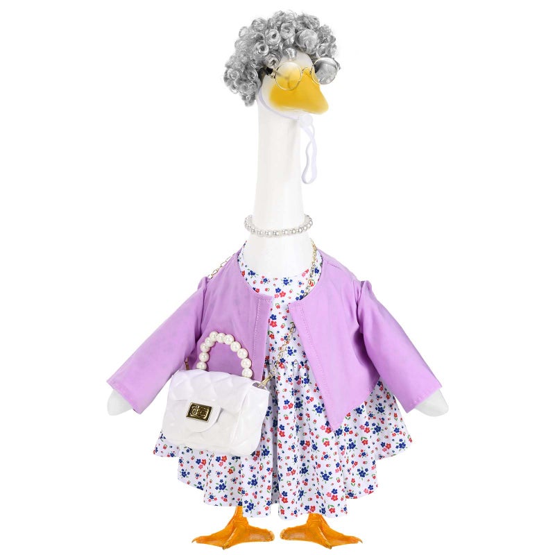 JcHrmers Old Lady Porch Goose Outfits Grandma Goose Clothes Old Lady Purple Floral Goose Costume with Curly Wig Necklace Bag Fits 23" Geese Statue for School Lawn Patio Yard Garden Decor - Image 1