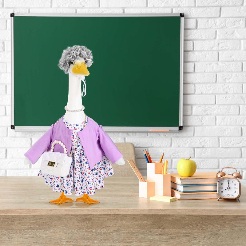 JcHrmers Old Lady Porch Goose Outfits Grandma Goose Clothes Old Lady Purple Floral Goose Costume with Curly Wig Necklace Bag Fits 23" Geese Statue for School Lawn Patio Yard Garden Decor - Image 4