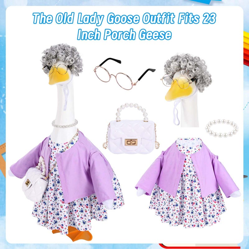 JcHrmers Old Lady Porch Goose Outfits Grandma Goose Clothes Old Lady Purple Floral Goose Costume with Curly Wig Necklace Bag Fits 23" Geese Statue for School Lawn Patio Yard Garden Decor - Image 2