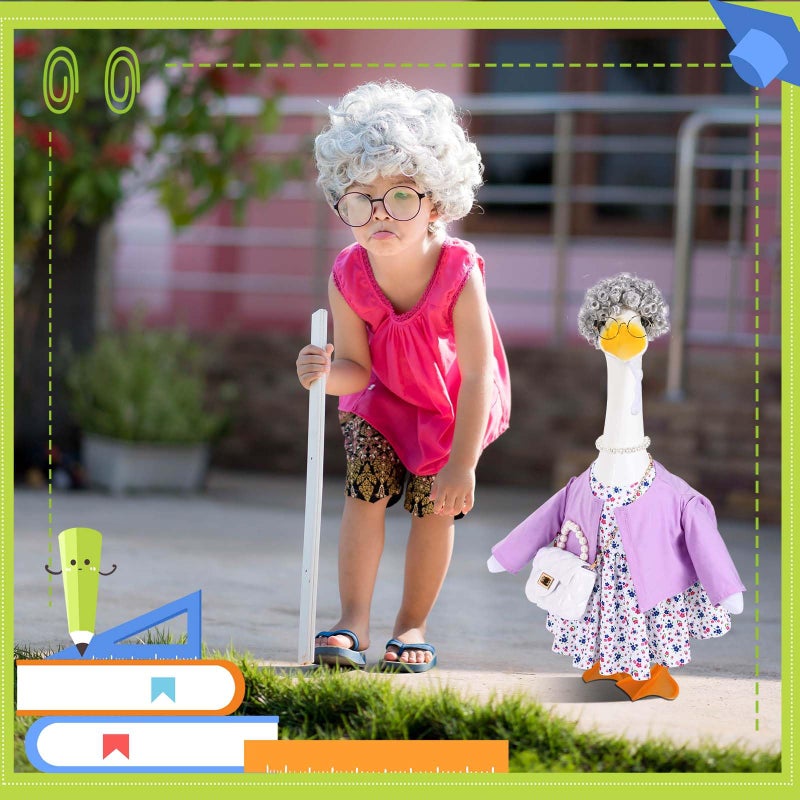 JcHrmers Old Lady Porch Goose Outfits Grandma Goose Clothes Old Lady Purple Floral Goose Costume with Curly Wig Necklace Bag Fits 23" Geese Statue for School Lawn Patio Yard Garden Decor - Image 5