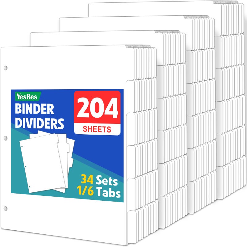 YesBes 204 Pcs Binder Dividers with Tabs, 1/6 Cut Tabs, Dividers for 3 Ring Binder, Blank Write On Binder Dividers in 6 Tab Sets, Letter Size, 204 Dividers, 34 Sets, White - Image 1
