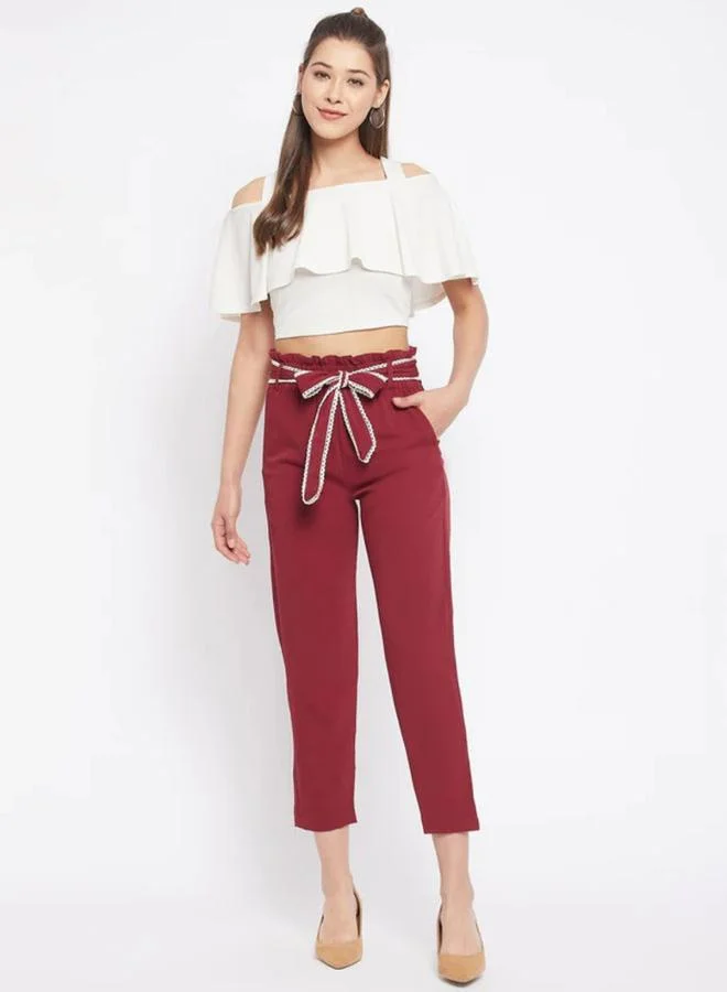 Winered Burgundy High-Waist Trousers With Tie-Belt