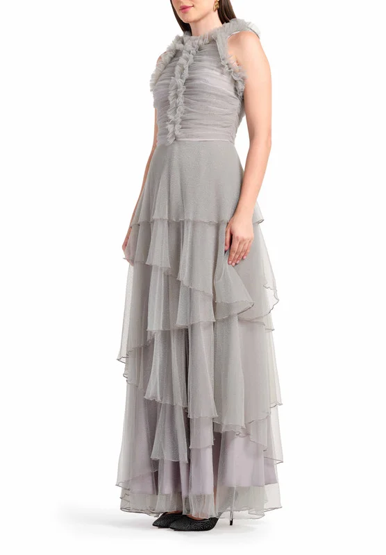 امري Asymmetric Layered Tulle Dress with Front Ruching and Ruffle Bodice Detail
