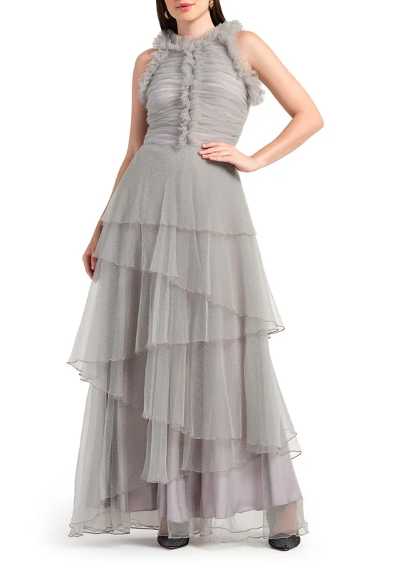 امري Asymmetric Layered Tulle Dress with Front Ruching and Ruffle Bodice Detail