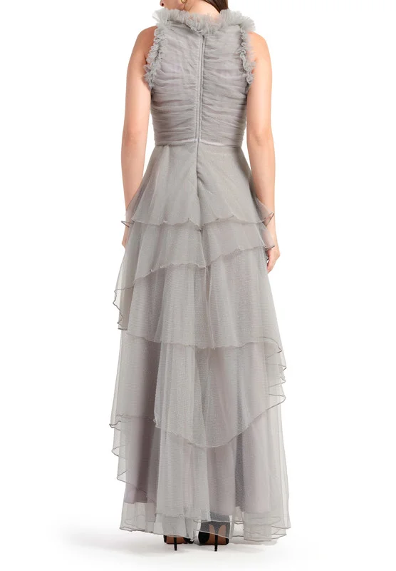 امري Asymmetric Layered Tulle Dress with Front Ruching and Ruffle Bodice Detail
