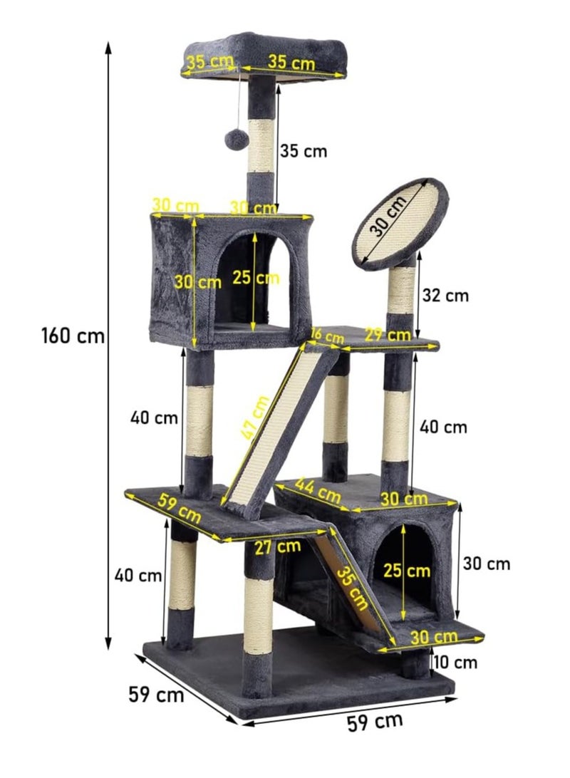 أن ان سي بيتس برج شجرة قطط كبير متعدد المستويات مع مجثم مريح، ولوح خدش من السيزال، ولعبة معلقة، ومساحة واسعة، وبيت لعب داخلي متين للقطط، وسهل التجميع، بطول 160 سم (رمادي) - Image 2