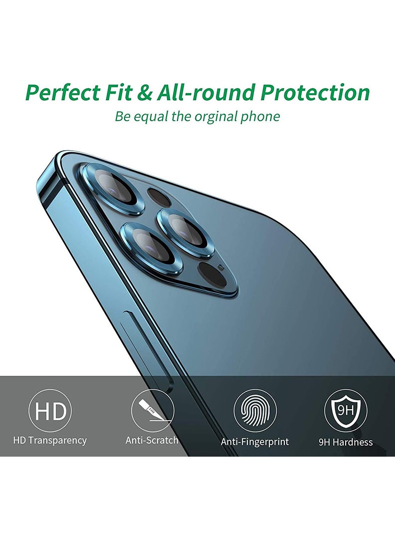 Theodor iPhone 12/ 12 Pro 3 Pcs Camera Lens Protector With 9H Tempered HD Glass Camera Cover Anti Scratch Aluminum Alloy Camera Ring, Blue - Image 2