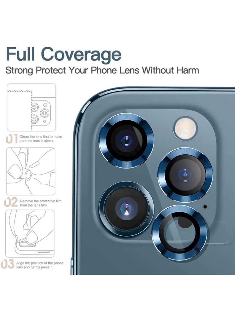 Theodor iPhone 12/ 12 Pro 3 Pcs Camera Lens Protector With 9H Tempered HD Glass Camera Cover Anti Scratch Aluminum Alloy Camera Ring, Blue - Image 4