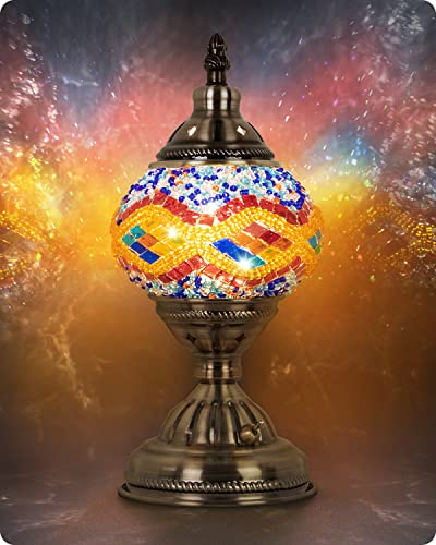 Yarra-Decor Turkish Moroccan Lamp with Bronze Base Handmade Tiffany Mosaic Glass Lamps Portable Bedside Lamps with Rechargeable Battery 2000mAh (LED Bulb Included) (Orange2) - Image 1