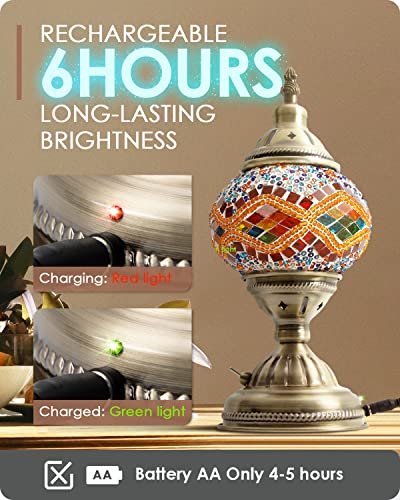 Yarra-Decor Turkish Moroccan Lamp with Bronze Base Handmade Tiffany Mosaic Glass Lamps Portable Bedside Lamps with Rechargeable Battery 2000mAh (LED Bulb Included) (Orange2) - Image 2
