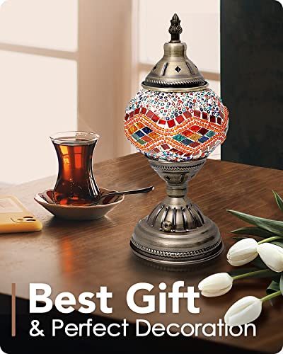 Yarra-Decor Turkish Moroccan Lamp with Bronze Base Handmade Tiffany Mosaic Glass Lamps Portable Bedside Lamps with Rechargeable Battery 2000mAh (LED Bulb Included) (Orange2) - Image 4