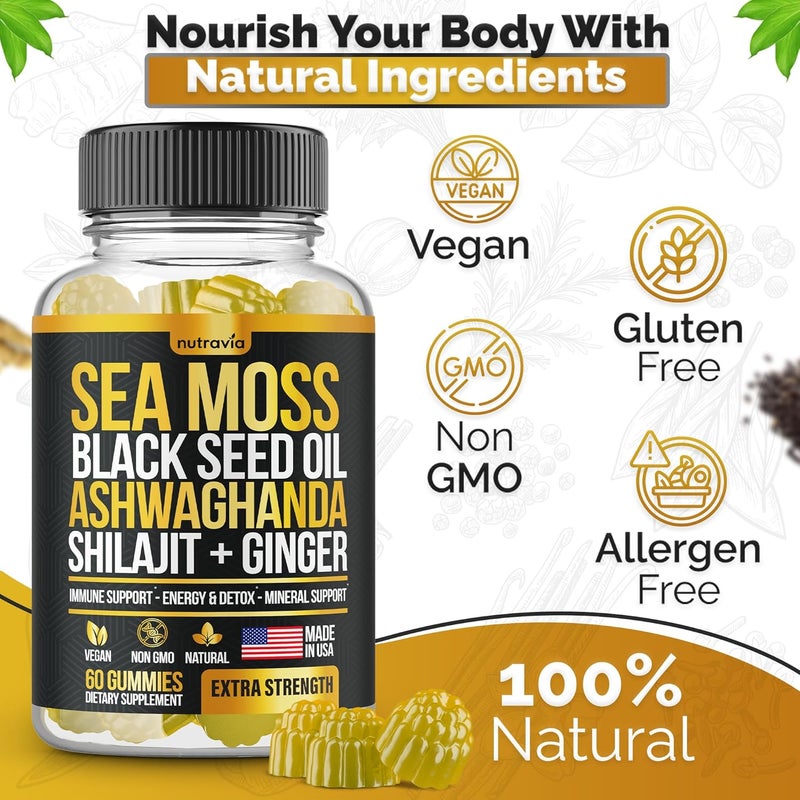 Nutravia جواهر البحر زيت بذور الكمون أشواغاندا زنجبيل شيلاجيت حلوى مع إلدربيري كلوروفيل كركم بلاكوورك جواهر البحر تركيبة قوة متقدمة حزمة شاملة مصنوعة في الولايات المتحدة 60 حبة حلوى - Image 2