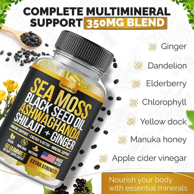 Nutravia جواهر البحر زيت بذور الكمون أشواغاندا زنجبيل شيلاجيت حلوى مع إلدربيري كلوروفيل كركم بلاكوورك جواهر البحر تركيبة قوة متقدمة حزمة شاملة مصنوعة في الولايات المتحدة 60 حبة حلوى - Image 5