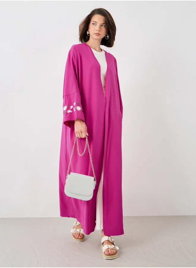 تايك تو Take Two Embroidered Long Sleeve Detail Solid Kimono