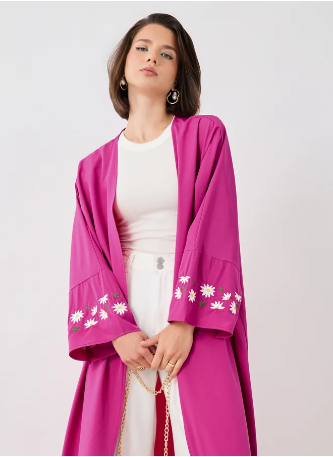 تايك تو Take Two Embroidered Long Sleeve Detail Solid Kimono