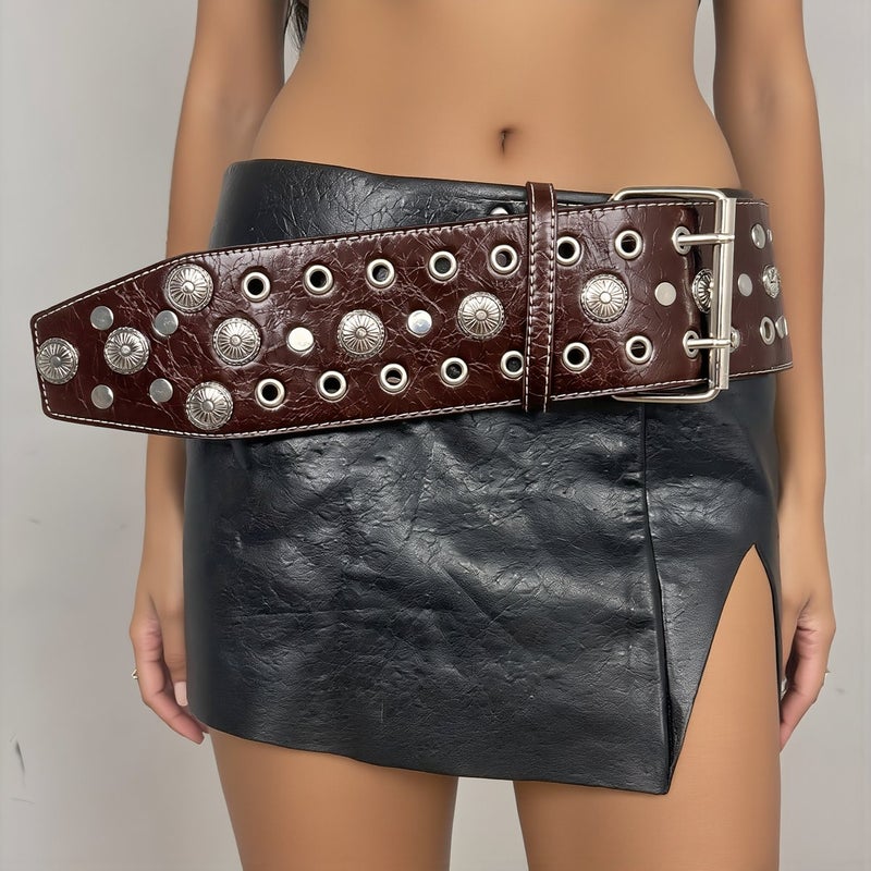 Rivet Leather Belt Brown 110cm Adjustable Y2K Punk Wide Waist Belt - Image 2
