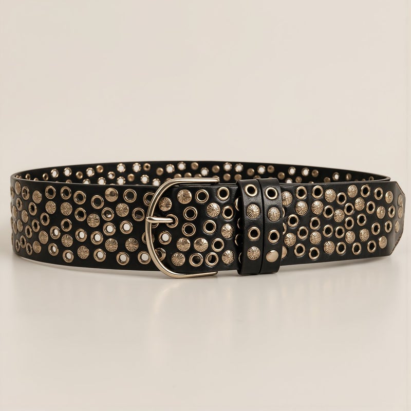 Rivet Leather Belt Brown 110cm Adjustable Y2K Punk Wide Waist Belt - Image 4