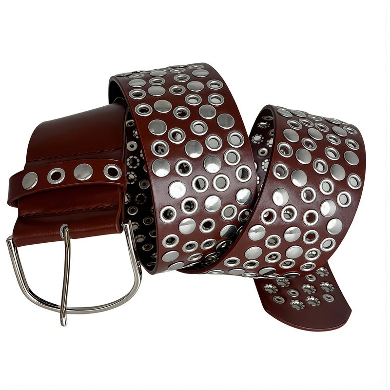 Rivet Leather Belt Brown 110cm Adjustable Y2K Punk Wide Waist Belt - Image 5