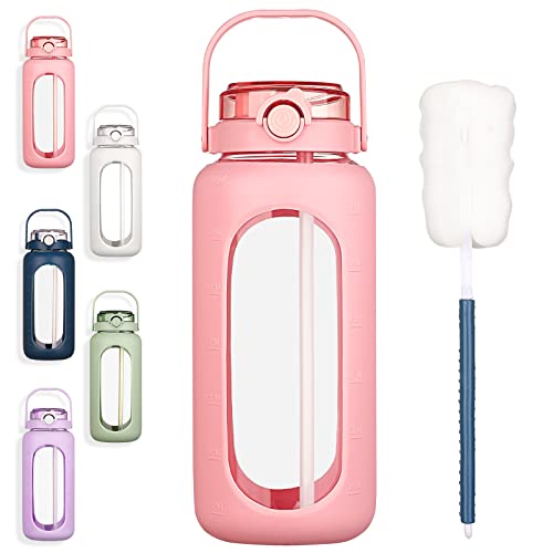 BLUEGO 64oz Glass Water Bottles with Straw Time Marker Half Gallon Large Motivational Water Bottle with Silicone Sleeve 2 Liter Large Glass Water Jug for Gym Sports Workout Daily Pink