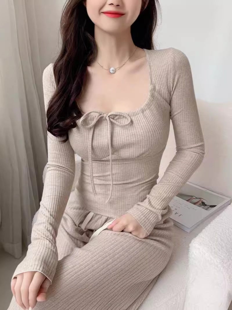 Pure Desire Gentle Style Chest-revealing Honey Peach Powder Long-sleeved Top Pit Slim-fit Square Collar Base Shirt Bow Tie-up T-shirt - Image 3
