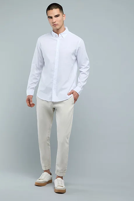 أر أند بي Solid Shirt with Button-Down Collar and Long Sleeves