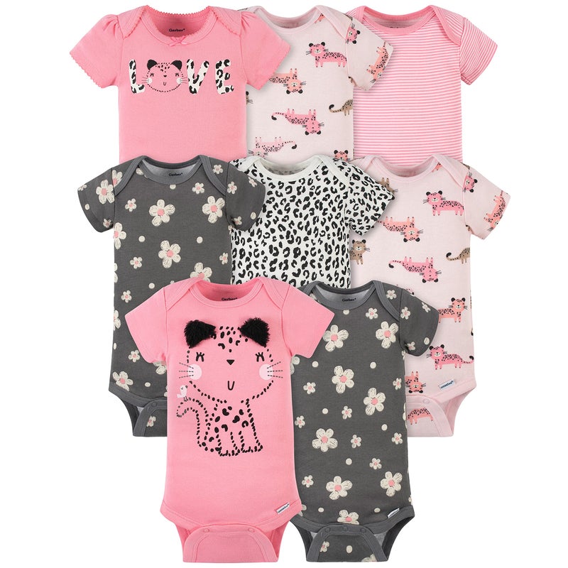 Gerber Baby Girls 8-pack Short Sleeve Onesies Bodysuits Shirt, Leopard Pink, 3-6 Months US - Image 1