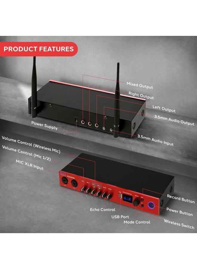 Pyle UHF Wireless Microphone System, Bluetooth, Handheld Mics, Receiver Base, Selectable Frequency, Karaoke, Professional Use, Battery Operated, 165 ft Range, Echo Control, Includes Cables - Image 5