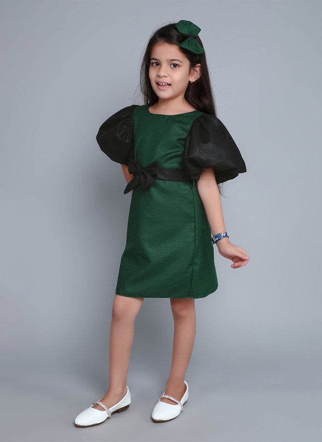 PinkChick Green Colourblocked Puff Sleeve Dress For Girls - Image 4