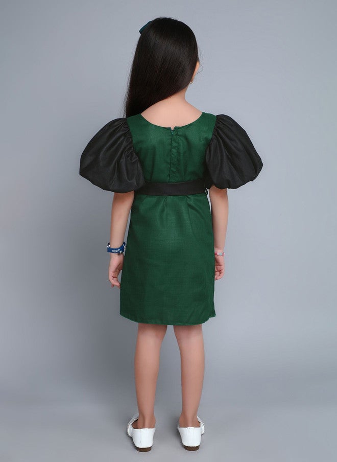 PinkChick Green Colourblocked Puff Sleeve Dress For Girls - Image 5